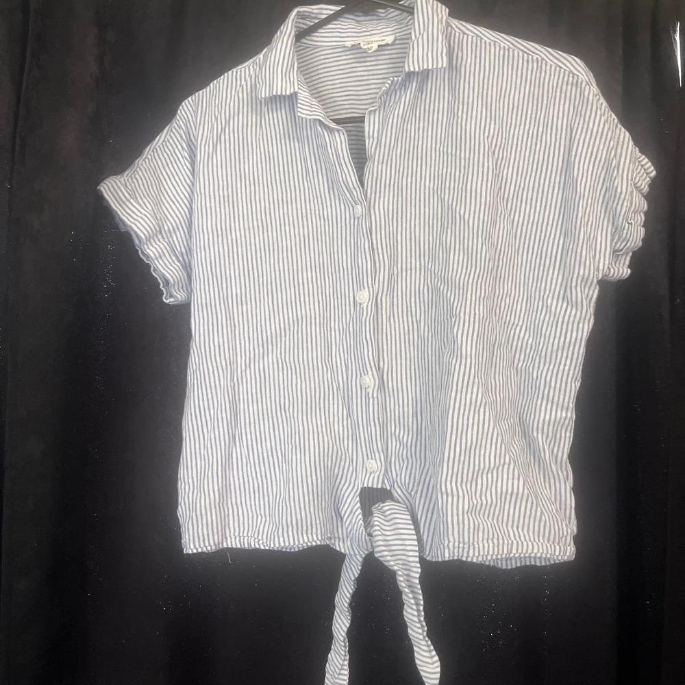 Beachlunchlounge Linen Blend Blue White Striped Tie Front Shirt Small LTT5656